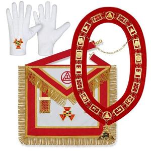 Quality Vintage Leather Lace Embroidered Regalia Masonic Apron Red Lodge Master Mason Chain <b>Collar</b> Square Compass Gloves Set - Product Image 3