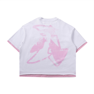 Camiseta de Manga Corta Oversize para Hombre, Blanca con Estampado Gráfico Rosa, Cuello Redondo, Ribete en Contraste, Estilo Urbano - Product Image 3