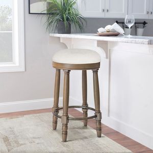Set 2 sgabelli da Bar imbottiti in tessuto bianco 360 gradi accento girevole in legno altezza da bancone marrone chiaro soggiorno da pranzo - Product Image 3