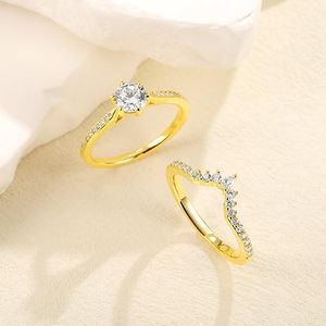 Yellow Gold Plated Moissanite Engagement <b>Ring</b> Round Brilliant Cut <b>Crown</b> Style Pave Setting Women's Classic Wedding Band - Product Image 1