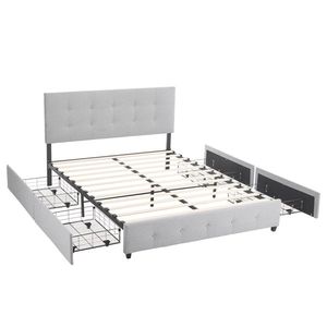 Letto matrimoniale imbottito con 4 cassetti e design capitonné, con supporto a doghe in legno - Product Image 1