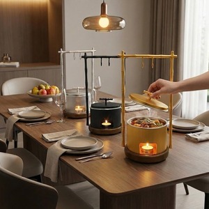 Exquisite Gold Bamboo Frame Hanging Chafing Dish with Round <b>Food</b> <b>Warmer</b> and Candle Stand for Oriental Theme Luxury Buffet Decor - Product Image 2