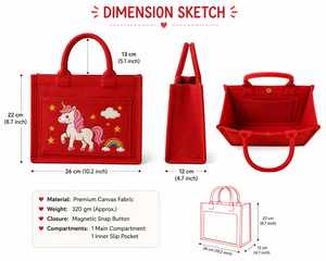 Cute Cartoon Unicorn Woven Jute Shopping Bag Red <b>Magnetic</b> Snap Closure Medium Size Daily Use - Product Image 2