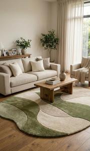 Modern Abstract Regular Hand Tufted Wool Anti-Slip Medium Pile 10-14mm Thickness Cotton Canvas Backing Area Rug Soft Green - Product Image 2