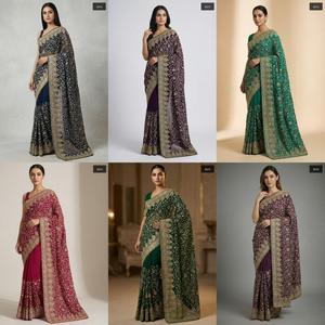 Sarees de Georgette para Novia, con Bordado de Hilo Zari, Pedrería, Reversibles, Ropa de Fiesta India y Pakistaní - Product Image 5
