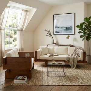Ensemble de canapés modernes en bois massif avec coussins crème, meubles de luxe pour salon, hôtel, resort - Product Image 2