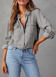Women's Gray Cotton Button Up Shirt Three Quarter Sleeve Turn-<b>down</b> Collar Loose Fit Solid Color Breathable Shirts - Product Image 5