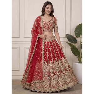Red Zari Embroidered Net A-Line <b>Wedding</b> Lehenga Choli for Party - Product Image 5