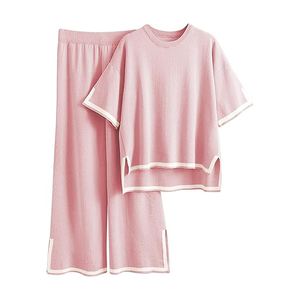 Ensemble de survêtement décontracté pour femme en coton bleu à manches courtes, col rond, coupe ample, respirant, couleur unie, pantalon long, idéal pour l'été - Product Image 6