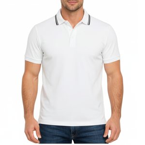 Custom Logo Men's <b>White</b> Polo <b>Shirt</b> with Black Contrast Tipping Collar Short Sleeve Breathable Athletic Fit Casual Polo <b>shirt</b> - Product Image 1