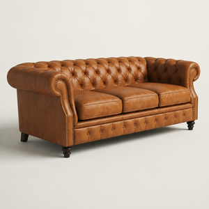 Midcentury Modern Genuine Leather Three Seat <b>Sofa</b> Tufted Back Rolled Arms Wood Legs-Eco-Friendly Living Room School Park - Product Image 2
