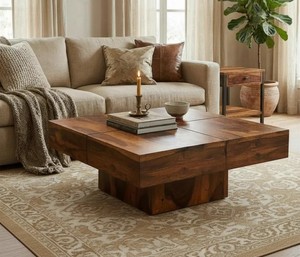 Modern Square Solid Wood Coffee <b>Table</b> with Pedestal Base | Thick Block Solid Wood Living Room <b>Table</b> | Pindel Handicraft - Product Image 1