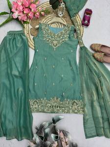 Nueva Colección: Traje Palazzo de Diseñador en Georgette Sintético Pesado con Bordado y Lentejuelas Completas, Top y Dupatta para Fiesta Tradicional - Product Image 6