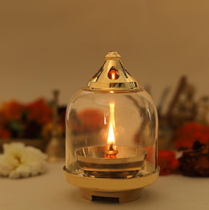 Brass Glass Akhand Jyoti Diya <b>Stand</b> Holder with Om Top Lid for Home Temple Puja Rituals, available at wholesale prices. - Product Image 5