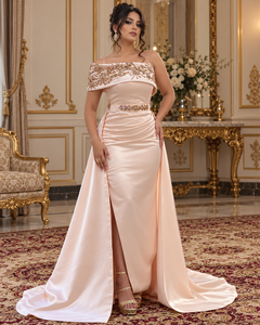 Mishkat Couture Moroccan Caftan <b>Champagne</b> Gold Silk Hand-Embroidered <b>Long</b> Bell Elegant Evening Gown Beaded Neckline Embellished - Product Image 3
