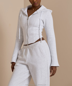 ชุดเซ็ตเสื้อแจ็คเก็ตมีซิปและกางเกงขาบานลำลองสำหรับผู้หญิง พิมพ์โลโก้ได้ตามต้องการ ผ้ากำมะหยี่มีฮู้ด ชุดวอร์ม 2 ชิ้น ผ้าฝ้าย 100% - Product Image 2