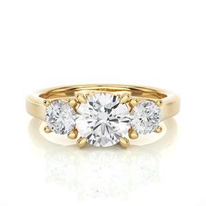 Juego de puntas Anillo de tres piedras de diamante natural Anillo de boda de oro liso Joyería de mujer Anillos de oro pulido amarillo de 18K 22K Hecho a mano - Product Image 1