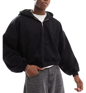 Sweat à capuche zippé pour homme, coupe courte, surdimensionné, épais, personnalisé, 100% coton noir, effet vieilli, avec demi-fermeture éclair - Product Image 4