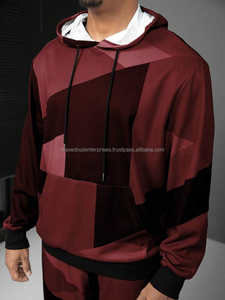 Geometric <b>Burgundy</b> Black Colorblock Tracksuit Set <b>Hoodie</b> with Jogger Pants Custom Logo Two Piece Streetwear Outfit Wholesale - Product Image 4