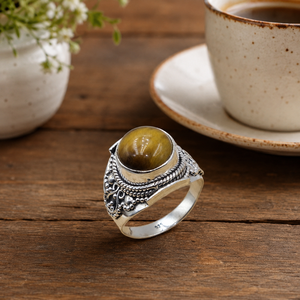 Natural Tiger Eye Gemstone Bezel Setting 925 Sterling Silver Handmade Vintage <b>Statement</b> <b>Ring</b> Yellow Gold Rose Gold Plated Unisex - Product Image 2