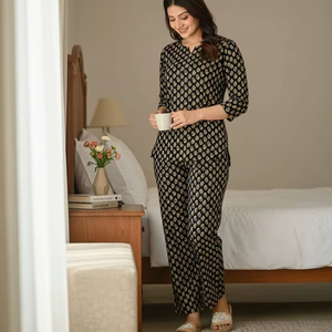 Ensemble de vêtements de nuit en coton noir imprimé pour femmes, haut à manches longues avec pyjama confortable, vêtements de maison élégants - Product Image 1