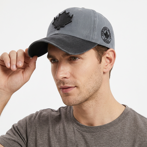 Adjustable Gray <b>Vintage</b> Sporty Baseball <b>Cap</b> with Black Maple Leaf Applique Front Panel Unisex Casual Denim 6-Panel Design - Product Image 2