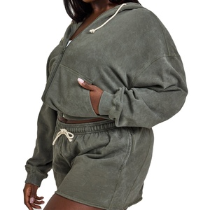 Acid Wash Sun Faded Distressed Vintage Winter Breathable Sweat <b>Shorts</b> Custom Full <b>Zip</b> Hoodie Print <b>Shorts</b> Set for Women 2026 - Product Image 4