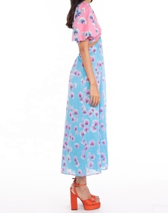 Robe trapèze coréenne élégante à imprimé floral, col en V, taille ajustée, poches latérales, en jersey 100% coton, pour l'été, offre ODM - Product Image 2