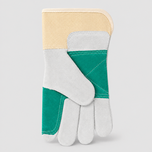 Gants de sécurité en cuir avec paume verte et doigts blancs, antidérapants, usage général, protection au travail, manchette droite. - Product Image 5