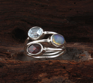 Natural Red <b>Garnet</b>, Blue Topaz Opal Bezel Setting Band <b>Ring</b> 925 Sterling <b>Silver</b> Women's Genuine Three Stone Gemstone <b>Ring</b> - Product Image 3