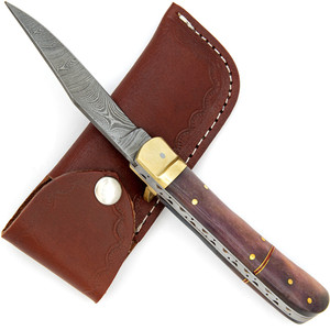 Cuchillo de bolsillo plegable de acero de Damasco hecho a mano con mango de madera y funda de cuero, cuchillos de supervivencia al por mayor, Pasha Enterprises - Product Image 1
