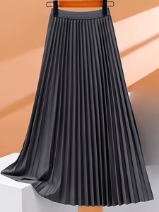 Autumn Women's Casual A-Line <b>Skirt</b> New Fashionable High <b>Waisted</b> Pleated <b>Elastic</b> Waist Simple Solid Color Natural Yarn Dyed - Product Image 3