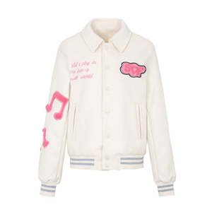 Chaqueta Varsity Color Crema con Bordado de Notas Musicales Rosadas y Parche de Nube, Estilo Preppy, Corte Regular, Ropa de Abrigo para Otoño - Product Image 1