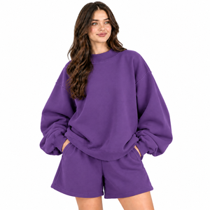 Customized <b>Women</b> Solid Regular Casual Oversized <b>Long</b> Eco-Friendly Breathable Mock Neck & <b>Shorts</b> Set Custom - Product Image 6