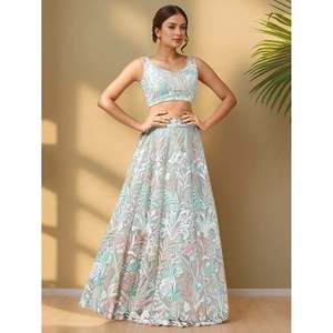 Spectacular Pista <b>Green</b> Sequins <b>Net</b> Wedding Lehenga Choli - Product Image 5