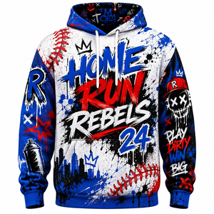 Sweat à capuche de baseball Home Run Rebels 24 pour homme, pull-over imprimé par sublimation, vêtements de sport, design bleu, noir, rouge, taille adulte - Product Image 1