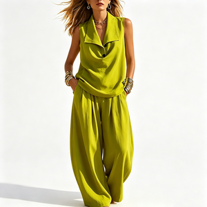 Conjunto de 2 Piezas para Mujer, Top Corto sin Mangas con Cuello en V y Pantalones Anchos, Estilo Minimalista para Vacaciones de Verano o Crucero - Product Image 6