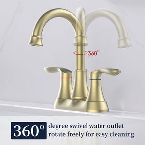 Rubinetto da bagno a 2 maniglie con beccuccio girevole ad arco alto a 360 gradi, da 4 pollici, finitura oro spazzolato, con scarico a soffietto e tubi di alimentazione per lavabo - Product Image 2