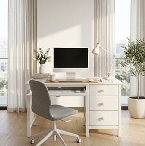 Modern <b>White</b> Wood <b>Computer</b> <b>Desk</b> with 3 Drawers Storage Cabinet Freestanding Office Furniture for Home Office Minimalist Design - Product Image 1