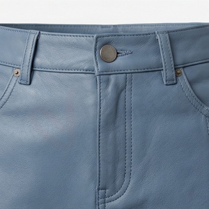 Women Blue PU Leather Mini <b>Skirt</b> High Waist Straight A Line <b>Short</b> <b>Skirt</b> With Slit Button Pockets - Product Image 4