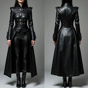 Manteau long en cuir véritable noir pour femme, style gothique steampunk, col montant, détails à boucles, costume de cosplay, vente en gros personnalisée - Product Image 1