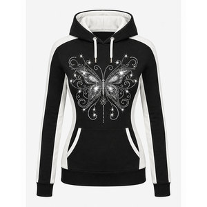 <span class=keywords><strong>Felpa</strong></span> con Cappuccio Nera da Donna con Blocchi di Colore, Grafica con <span class=keywords><strong>Farfalla</strong></span> in Cristallo e Strass, Manica Lunga - Product Image 1