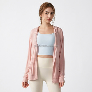 Women's Pink Long Sleeve <b>Zip</b>-<b>Up</b> Hooded Jacket Loose Fit Solid Color Breathable Yoga <b>Top</b> Outerwear - Product Image 1