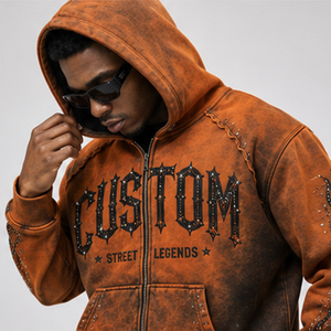 Custom Men's Tie Dye Orange Zip Up Hoodie Rhinestone Flame Sleeve <b>Gothic</b> Star Fleece Lined Bling Streetwear Coats Wholesale Bulk - Product Image 6