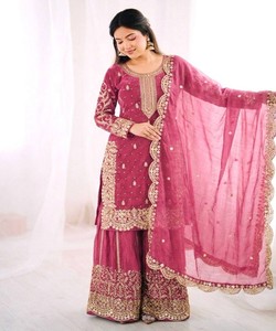 DESIGNER FENDY SILK EMBROIDERY SEQUENCE WORK <b>TOP</b> PALAZZO WITH DUPATTA FESTIVE WEAR WHOLESALE PRICE ETHNIC GARMENT BABY PINK - Product Image 1