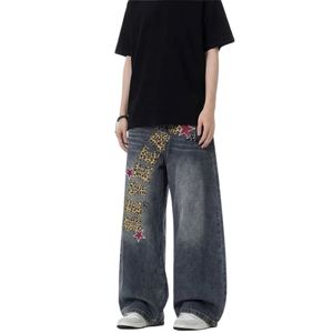 Jean ample gris délavé pour femme avec patchwork imprimé léopard et broderie graphique étoile, style streetwear vintage - Product Image 1