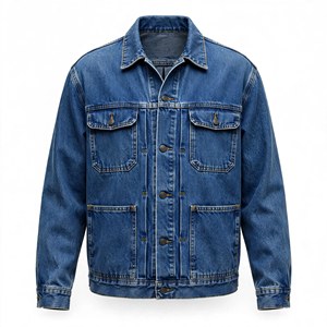 Blouson matelassé en jean bleu classique pour homme, coupe droite, col rabattu, devant uni, style décontracté, fermeture éclair simple, vêtement d'hiver - Product Image 1