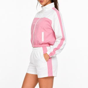 Ensemble sportif 2 pièces pour femme, rose et blanc, avec short et veste coupe-vent à manches longues et col montant, respirant, printemps-été - Product Image 3