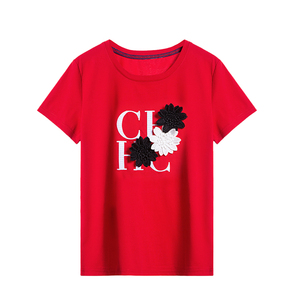 T-shirt décontracté pour femme, col rond, manches courtes, imprimé floral et lettres, coupe classique, en jersey de coton, printemps-été - Product Image 4