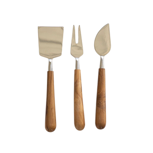 Ensemble de 3 couteaux à fromage haut de gamme en acier inoxydable et bois de teck, manche artisanal, mini trancheur, coupe-fromage, fourchette et outils à étaler le fromage - Product Image 1